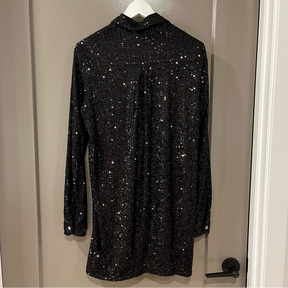 Sparkling Black Sequin Button Down Shirt Dress - Picture 2 of 5
